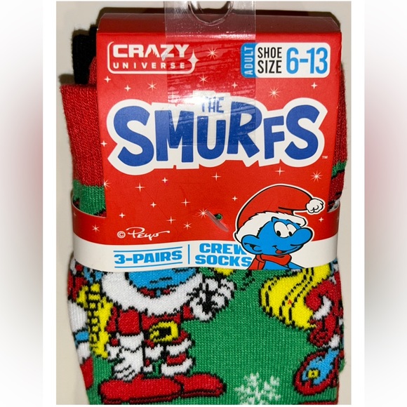 The Smurfs Crew Socks 3 Pair Men 6-13 Green Red Christmas Holiday Papa Smurfette - Picture 4 of 11